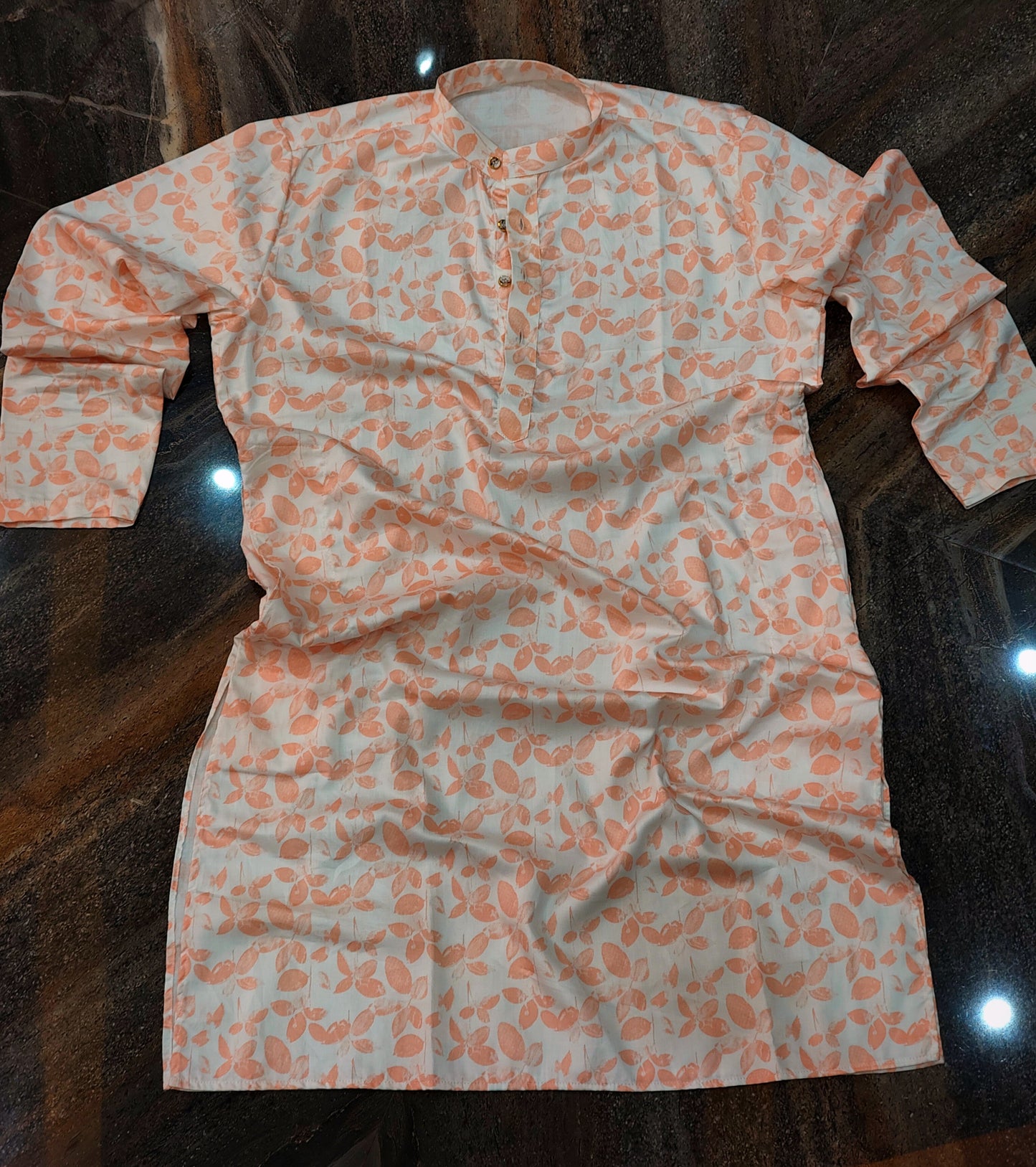 Peach Leaf-Print Cotton Kurta