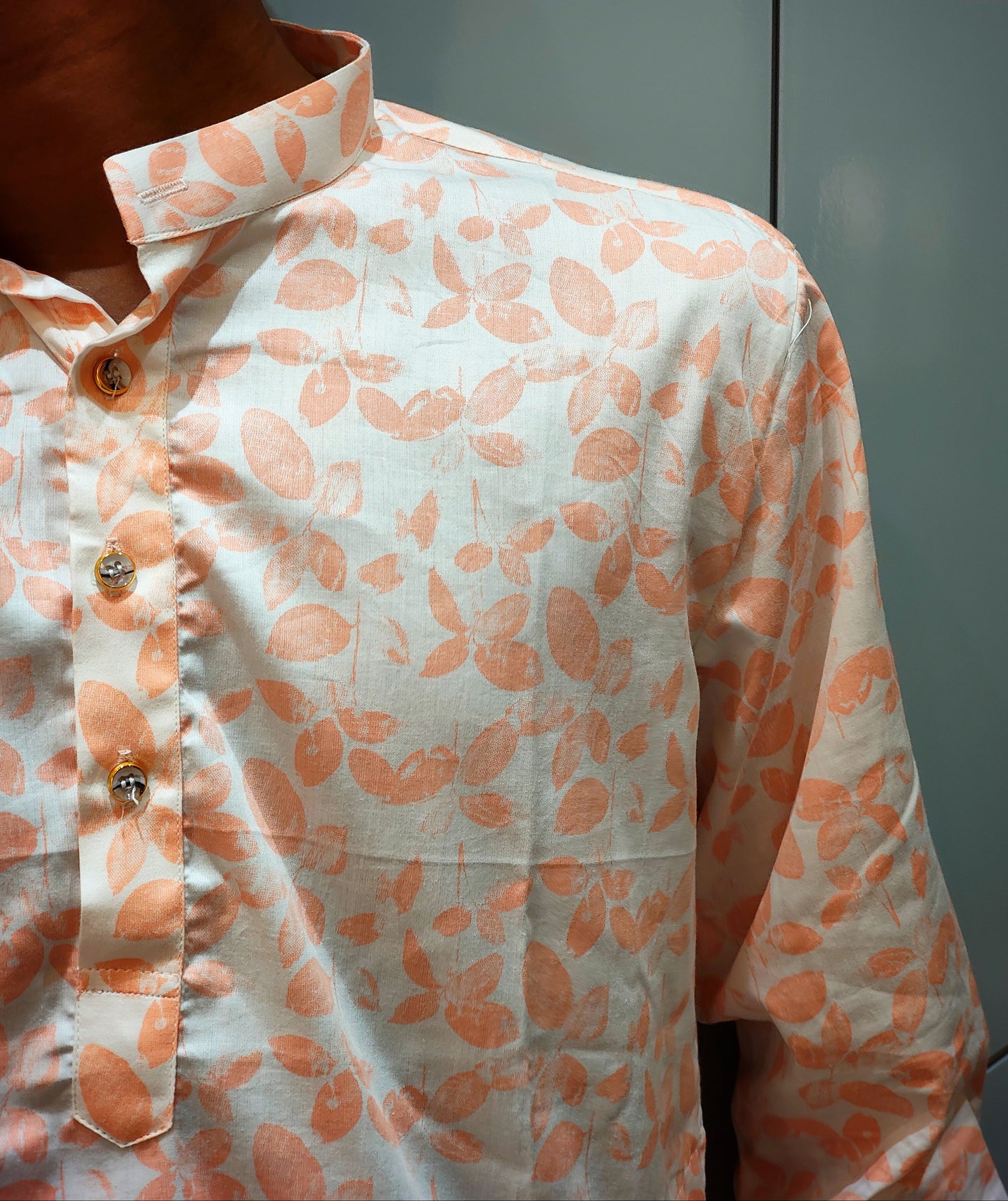 Peach Leaf-Print Cotton Kurta