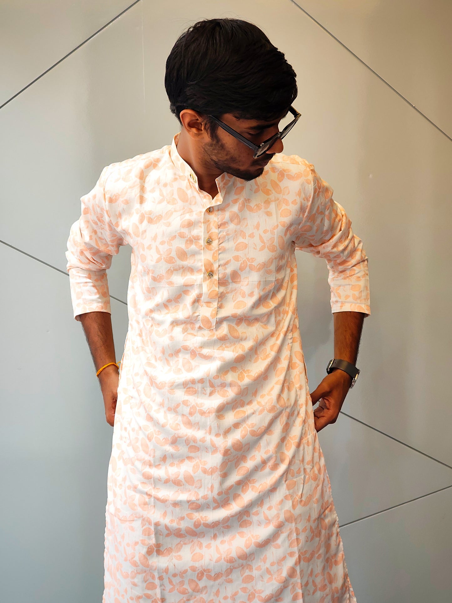 Peach Leaf-Print Cotton Kurta