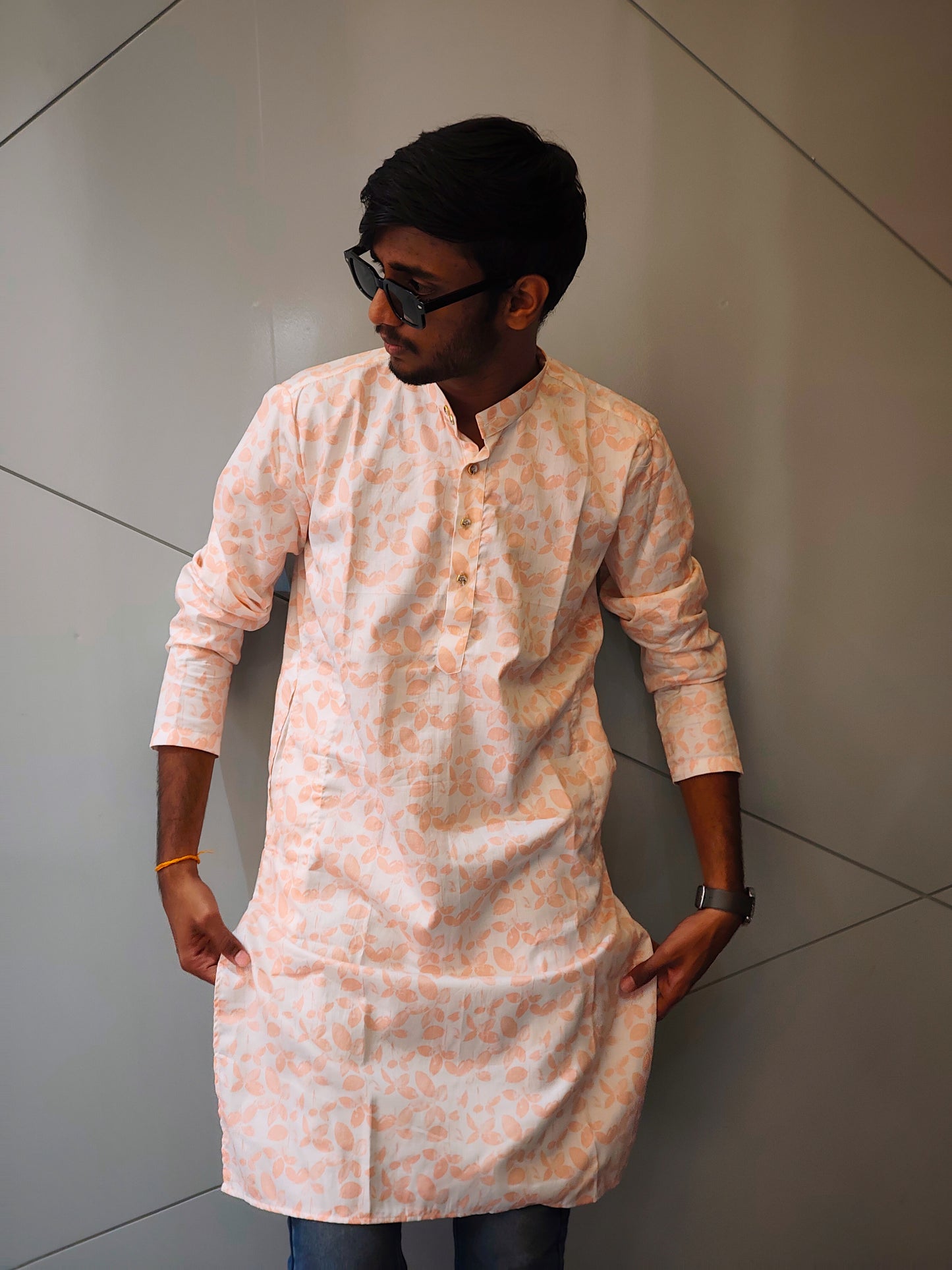 Peach Leaf-Print Cotton Kurta